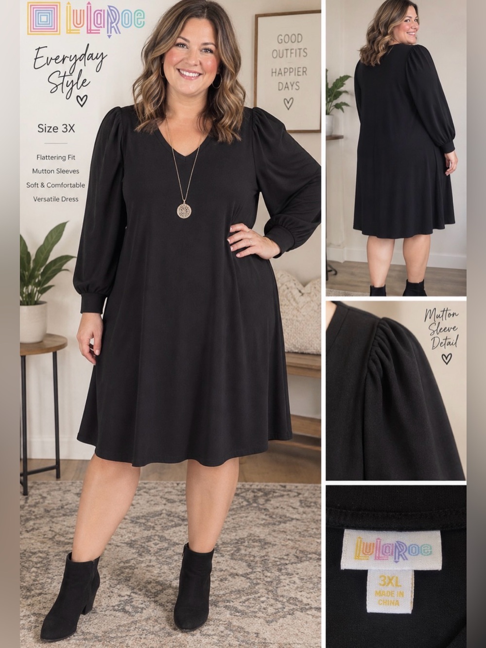 LuLaRoe -Black V-Neck Midi Dress with Puff/Mutton Sleeves- 3X
